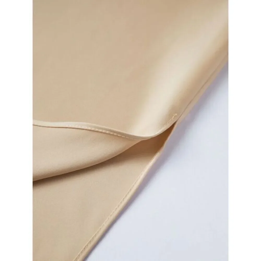 Commense Creamy Cappuccino Satin Midi Skirt with Side Slit Flowy A-Line Design L